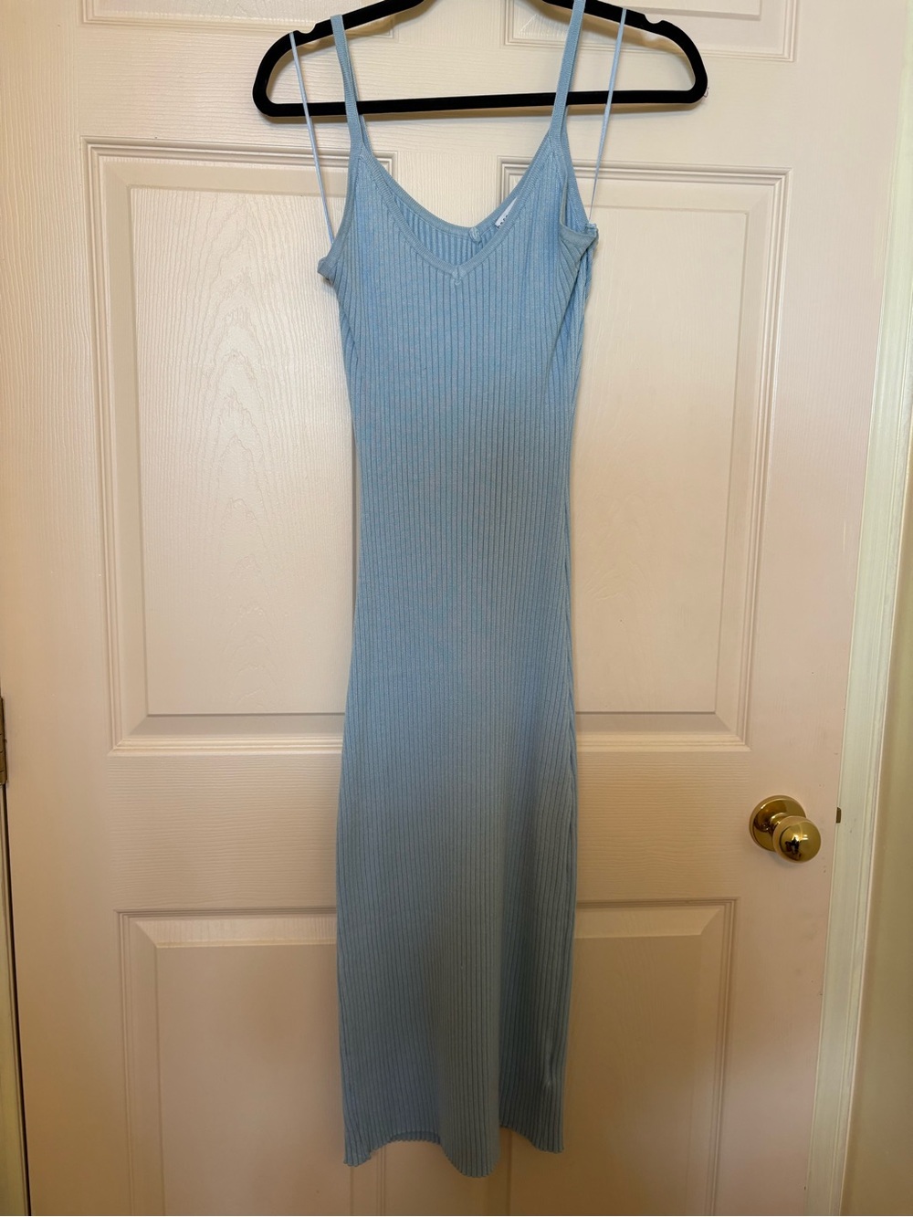 Crescent Sky-Blue Ribbed V-Neck Maxi Slip Dress
